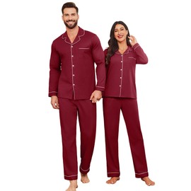 Ekouaer Plus Size Sleepwear Men's Cotton Long Sleeve Pajamas Top & Bottoms Drawstring Elastic Waist Pjs Soft Sleep Set,Wine,XXL