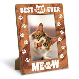Yxadu Best Cat Ever Meow Wooden Home Decor, Cat Wooden Picture Frame, Farmhouse, Home Office Bedroom Desk Decor, Rustic Photo Frames 4 x 6 with Stand-Rustic Nature Wood Texture