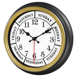 45MinST 12 Inches Retro Wall Clock,Day of The Week Wall Clock,Calendar Day Clock,Silent Non Ticking Battery Operated Movement(Gold)