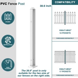 ECOOPTS 38.6" H Vinyl White Picket Fence Post Pole
