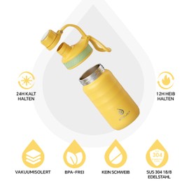 Ideus Vacuum Insulated Water Bottle, 12 oz (360 ml) Stainless Steel Double Wall Bottle Metal Sports Canteen with Leak-Proof Screw Cap (Yellow)