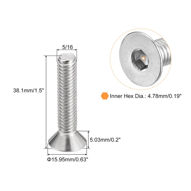 QUARKZMAN 5/16-18x1-1/2 Inch Flat Countersunk Socket Cap Screws 5pcs 304