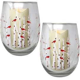 Stemless Wine Glass Candleholder - Cardinal Design with Lighted Candle, 4.75" Tall - Set of 2