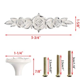 JUXYES Pack of 5 Euro Rose Decorative Cabinet Knobs with Plate, Floral Ivory Drawer Knob Cupboard Door Knobs, Ivory White Drawer Pulls Cabinet Handle Knobs for Dresser Cabinet (L, Ivory with Silver)