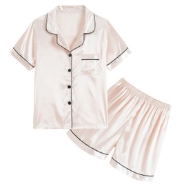 Hupohoi Unisex Kids Boys and Girls Pajama Sets Summer Short Sleeve With Shorts Sleepwear Silky Button Down Loungewear, 2pcs-Champagne, 10