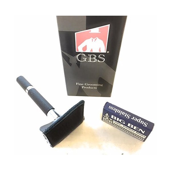 GBS Double Edge Safety Razor with Rubber Coated Matte Black Long Handle Includes Leather Protective Case for Razor Head & Double Edge Razor Blades Pack of 10