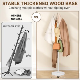 MISSLO Heavy Duty Coat Rack Freestanding 4 Adjustable Size Coat Tree with Stable Wood Base Coat Hanger Stand with 6 Hooks Standing Clothes Tree for Bedroom, White