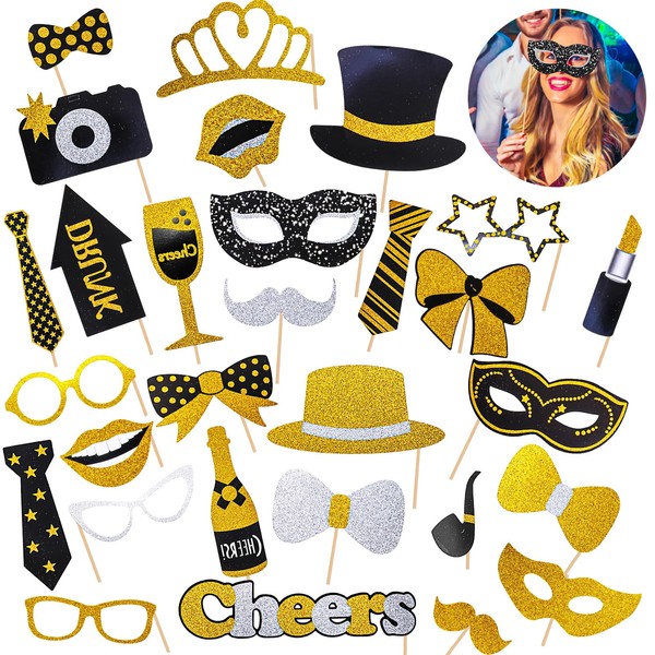30Pcs Party Photo Booth Props,Glitter Photobooth Party Props Handheld Party Selfie Props for Kids,Adults Mix of Hats, Wine Glass, Lipstick, Tie for Birthday Weddings Graduation Party Supplies
