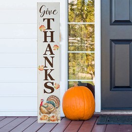 Glitzhome 42"H Thanksgiving Wooden Give Thanks Porch Sign, Vertical Farmhouse Hanging Sign Pumpkin Turkey Porch Décor for Fall Harvest Thanksgiving Autumn Indoor Outdoor Decorations