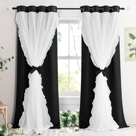 PONY DANCE Girls Curtains for Bedroom Decorative Drapes for Kids Double Layer Curtain Ruffle Sheer Overlay Room Darkening Pretty Chic Princess, 52x84 inch, Black, 2 PCs