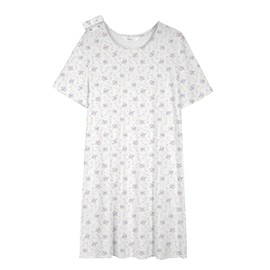 AVIIER Hospital Gowns for Women Open Back Tear Away Snaps 100% Cotton Nightgown Post Shoulder Surgery Dress Adaptive Clothing, White Purple Flower, Medium