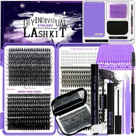 DNSGOOR DIY Lash Extension Kit 847Pcs D Curl with Bottom Lashes Individual Eyelashes Extension Set with Mirror Lash Storage Box Lash Bond&Seal Glue Remover Tweezers Lash Brush Applicator