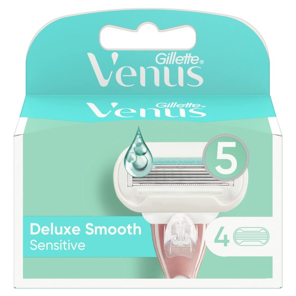 Gillette Venus Deluxe Smooth Sensitive Replacement Blades for Women's Shaver (4 Pieces), Machine Inserts with 5 Blades, Moisturising Skinelixir