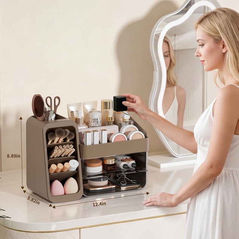 Makeup Organizer with Adjustable Brush Holder for Vanity, Large Skincare