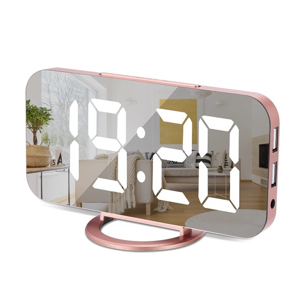 SZELAM Digital Clock Large Display, LED Electric Alarm Clock Mirror Surface for Makeup with Diming Mode, 3 Levels Brightness, Dual USB Ports Modern Decoration for Home Bedroom Decor (Rose Gold)