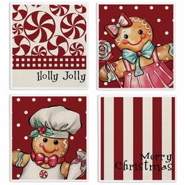 VONTP Swedish Dishcloths for Kitchen, Christmas Xmas Gingerbread Red Kitchen Dish Towels for Washing Dishes, 4 Pack Reusable Paper Towels, Sponge Cloths for Winter Home Cleaning Cooking Baking