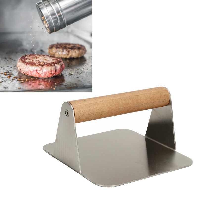 Burger Smasher 304 Stainless Steel Square Handheld Burger Press Wooden