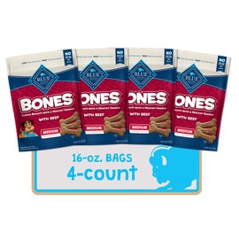 Blue Buffalo Bones Natural Crunchy Dog Treats, Medium Dog Biscuits, Beef 16 Ounce (Pack of 4)