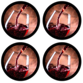 Silicone Non-Slip Drink Coasters with Removable Printed Absorbent Felt Pad - Set of 4 - Pouring Red Wine