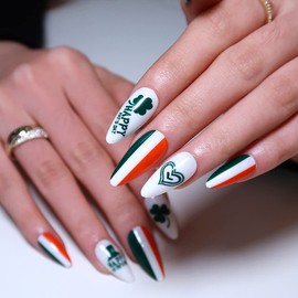 St. Patrick's Day Press on Nails Medium Shamrock Press on Nails with Designs,Clover Heart Cartoon Hat Acrylic Nails Press on,Stick on Nails for Women,Glue on Nails Fake Nails 24 Pcs