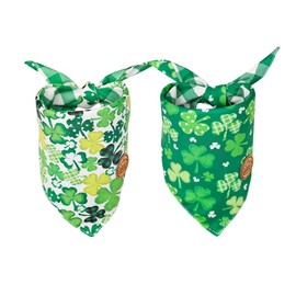CROWNED BEAUTY St Patricks Day Dog Bandanas Reversible Large 2 Pack, Lucky Shamrocks Set, Green Plaid Adjustable Triangle Holiday Scarves for Medium Large Extra Large Dogs Boy Girl Pets DB157-L