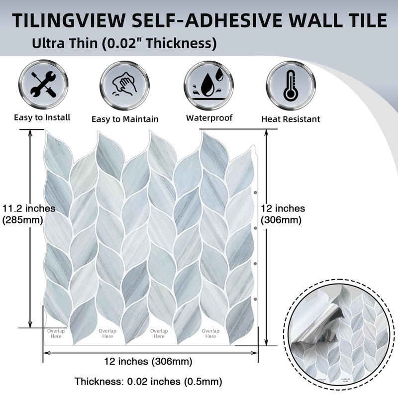Tilingview 10 Pcs Leaf Design Peel and Stick for Kitchen