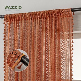 WAZZIO Burnt Orange Sheer Curtains 84 Inches Long Rod Pocket Cotton Crochet Lace Boho Curtains 2 Panel Rustic Rust Light Filtering Terracotta Fall Curtains for Bedroom Living Room Drapes,Pumpkin
