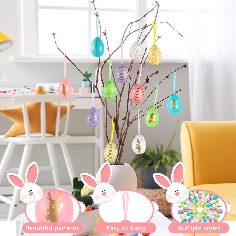 48 Stück Ostereier zum Aufhängen,Ostereier Plastik,Easter Eggs,Osterdeko für Draußen,Plastikeier Bunt(6