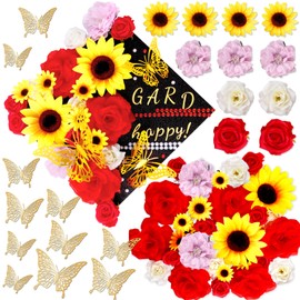 ywevyezc 42Pcs DIY Graduation Cap Decorations Red Graduation Cap Decorations Kit Flower Heads 3D Butterfly Decorations for Grad Hats Decor