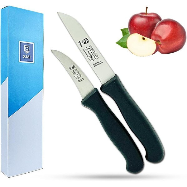 SMI - Set of 2 Paring Knives, Kitchen Knives, Vegetable Knives, Fruit Knives, Curved and Straight, Made in Solingen Germany