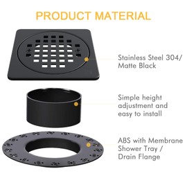 Yaseingoo 4 Inch Square Drain Grate Kit Replacement Compatible with Schluter Kerdi-Drain Flange Shower Floor Drain SUS 304 Stainless Steel Grate Removable Drain Set CUPC Certification -Matte Black