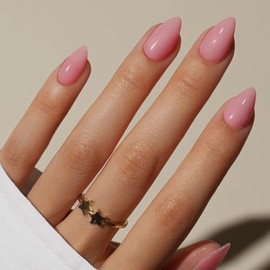 KQueenest Light Pink Press On Nails Short - Summer Press On Nails Almond, Sheer Pastel Nude Pink Fake Nails with Glue, Glossy Opaque, Stiletto Reusable Soft Gel Glue on Nails for Women, 30 Pcs