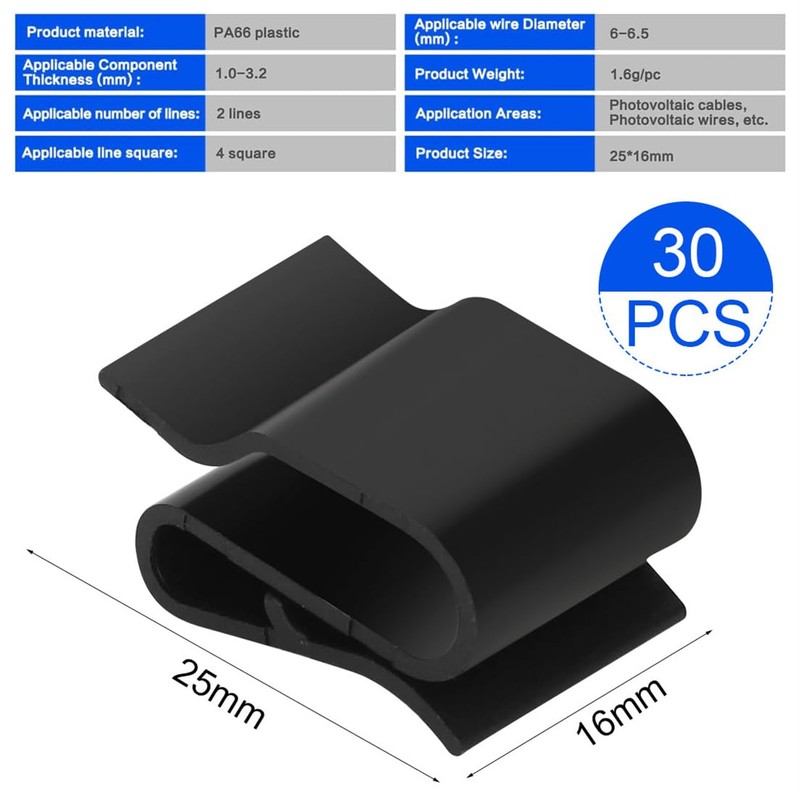 Spann Solar Cable Clips - 30Pcs Black PV Cable Clamp
