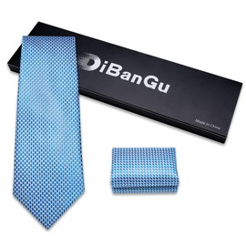 DiBanGu Mens Solid Color Tie and Pocket Square Set Woven Silk Plain Necktie & Handkerchief for Men Wedding Party Formal, Light Blue