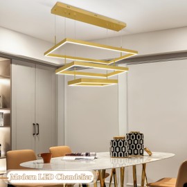 Mccokaige Gold Modern Led Chandelier - 3 Ring Adjustable Ring Light, Dimmable Rectangular Pendant Light for Living Room, Dining, Kitchen Island
