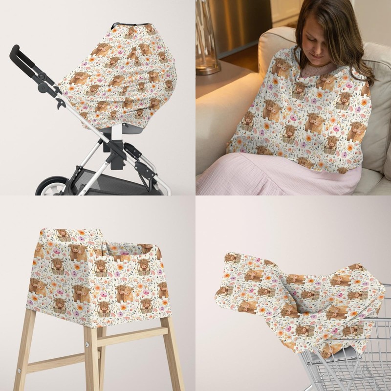5-in-1 Unisex Highland Cow Pattern Baby Carseat Stroller Cover for