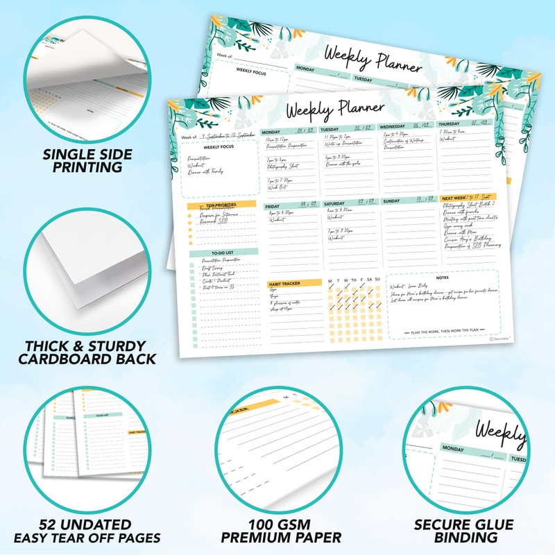 Decorably Weekly Planner Pad Landscape - 52 Easy Tear-Off Weekly