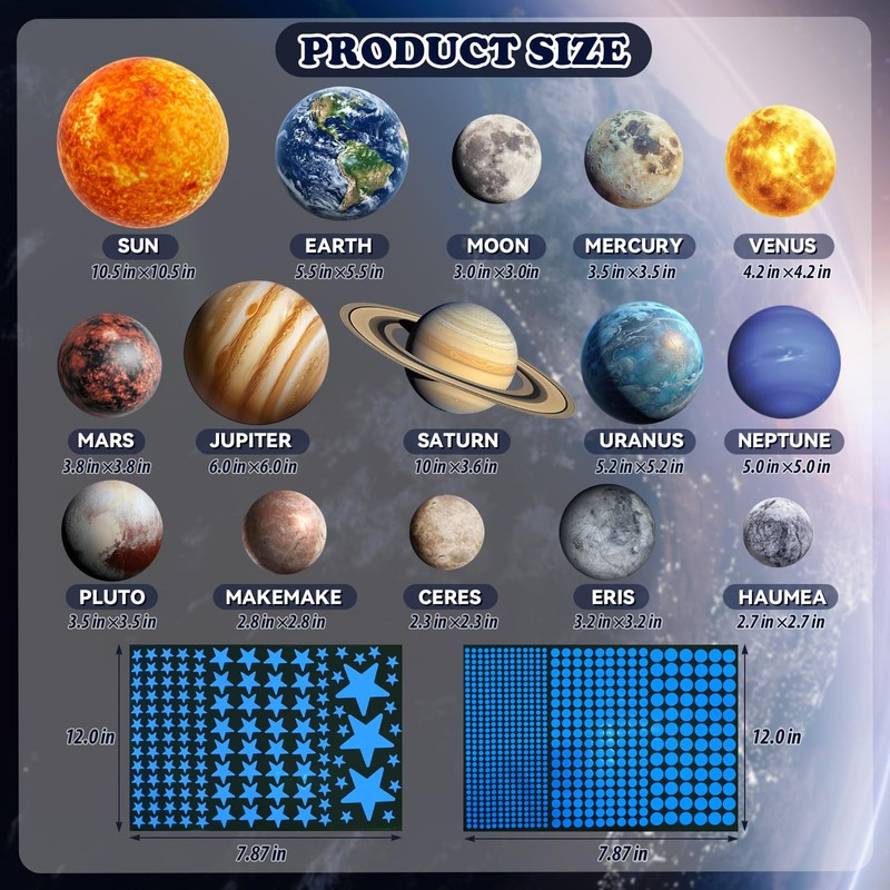 Fontien Solar System Wall Decals, 780 Pcs Glow in The