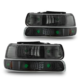 ANDPLAY Headlights Assembly,Compatible with 1999 2000 2001 2002 Chevy Silverado/ 2000-2006 Suburban Tahoe Bumper Headlamp,Smoky lens Chrome Housing Amber Reflector