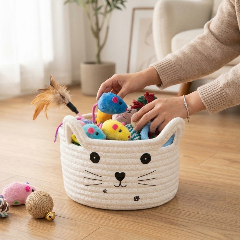 Cat-Shaped Cotton Rope Storage Basket for Pet Toy Organization –