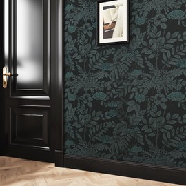 Wallderful Black Jungle Wallpaper Peel and Stick Vintage Floral Contact Paper Self Adhesive Leaf Wall Paper for Bedroom Tropical Plant Stick On Wallpaper for Cabinets Liner Accent Walls 17.5"x102"