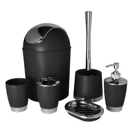 Bathlux Modern Design 6 Piece Bathroom Accessory Set, Toilet Brush, Waste Bin, Soap Dish, Tooth Brush Holder Soap Dispenser, Rinse Cup (Black)