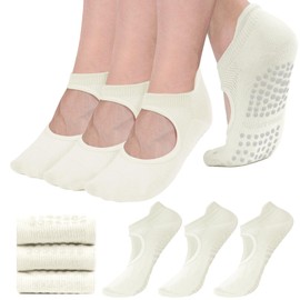 AUHUAYAO Non Slip Yoga Socks with Grips for Women, Ideal for Pilates, Pure Barre, Ballet, Dance, Barre Home,Hospital&Barefoot Workout (US, Alpha, One Size, Regular, Regular, 3, white)