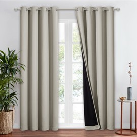 NICETOWN Natural 100% Blackout Window Curtain Panel, Cold and Full Light Blocking Drape with Black Liner for Nursery, 84 inches Drop Thermal Insulated Draperies (1 Piece, 52 inches Wide Each Panel)