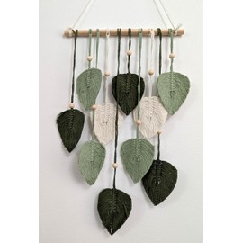Macrame Leaf Wall Hanging, 90 cm x 40 cm, Boho Woven Tassel Art, Green and White, Feather and Leaf Design Hanging Decor for Home and Office, Family Wall Decor