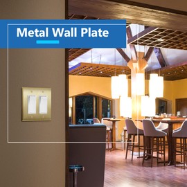 LIDER Decorator Switch or Receptacle Metal Wall Plate, Stainless Steel Outlet Cover, Corrosion Resistant, Mid-Size 2-Gang 4.88" x 4.92", 201 Stainless Steel, UL Listed, Burshed Brass, 2 Pack