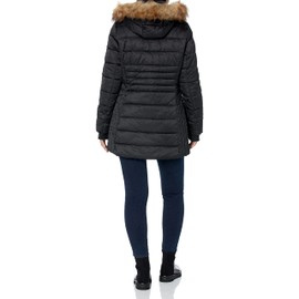 HFX Women's 3/4 Midweight Puffer Jacket Front Button Off Faux Fur Trimmed Hood Zippered Chest Pocket Water Resistant 31" Coat, Black, X-Large