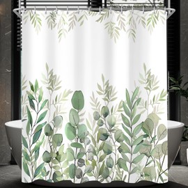 Lerores Shower Curtain 120 x 200 cm Leaves Weighted Hem Anti-Mould Textile Waterproof Surface Washable Polyester Fabric Bath Curtains for Bathroom Bath with 8 Shower Curtain Rings