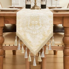 Loom and Mill Elegant Damask Table Runner 72 inches Long, Double Layer Design Dining Table Runners with Tassels, Great for Home Table Setting Kitchen Dresser Party Decor(Champagne Gold, 13x72in)