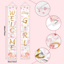 MEHOFOND Welcome Baby Girl Porch Banner Decor, Welcome Baby Girl Hanging Door Banner ender Reveal Baby Shower Door Sign Party Decoration Inside Outside